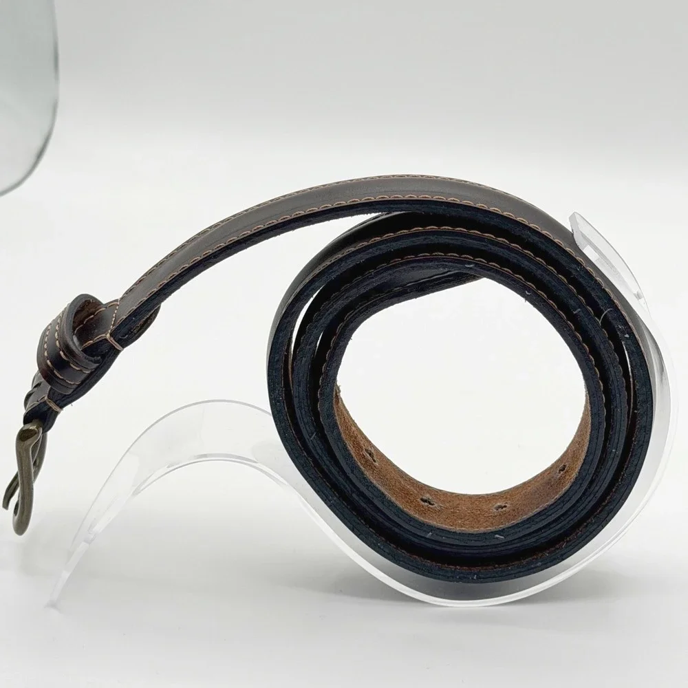 Mens 34 Brown Leather Belt Antique Brass Buckle Double Stitch Career‎ Classic
